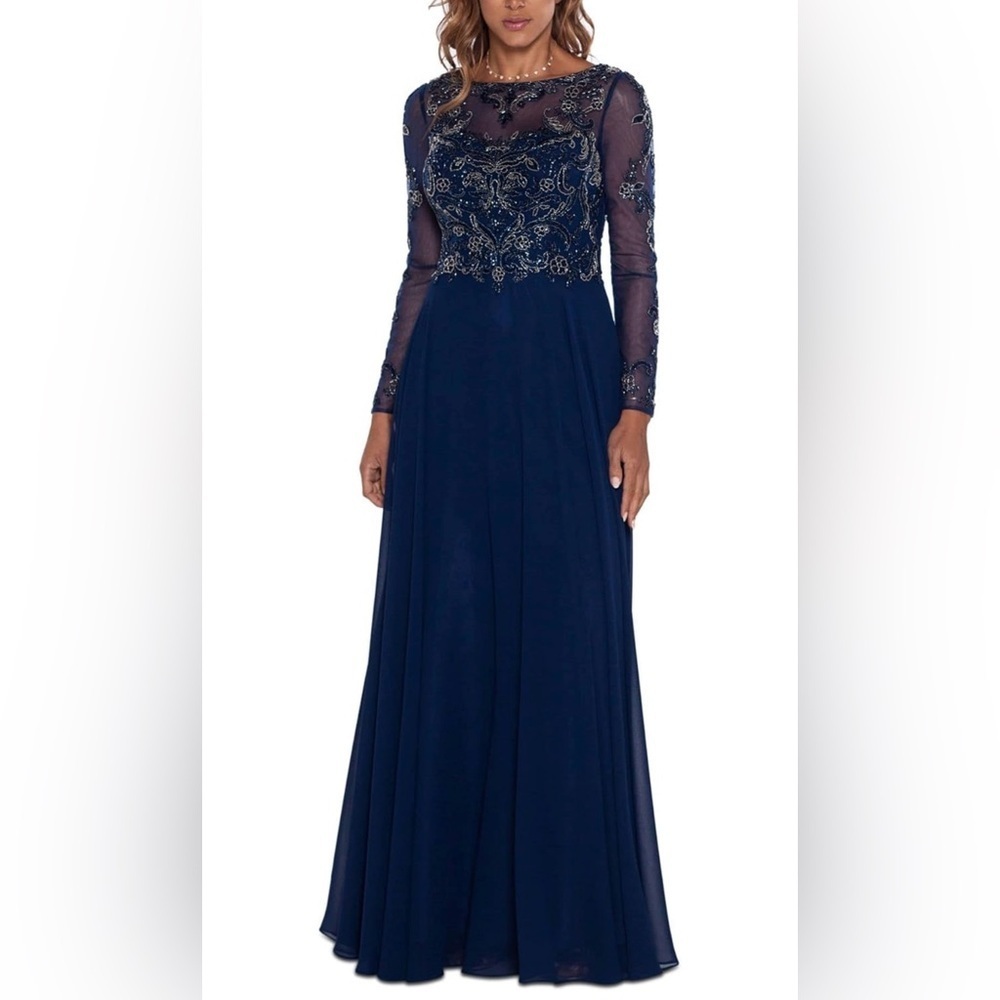 XSCAPE Long Sleeve Long Chiffon Skirt with Bead Top